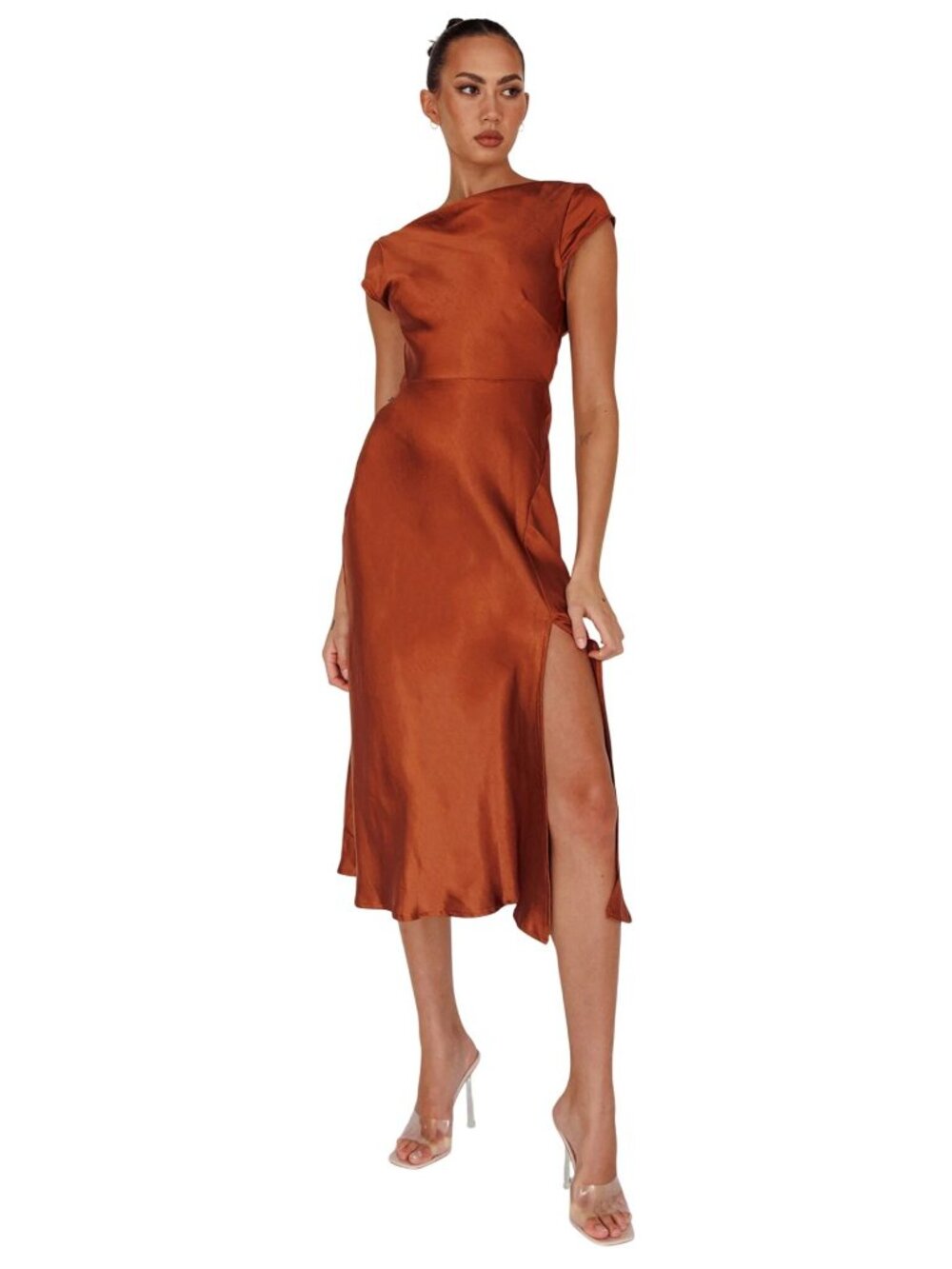 Saints + Secrets Lucinda Twist Back Midi Dress Size XS Brown Elegant Party NEW